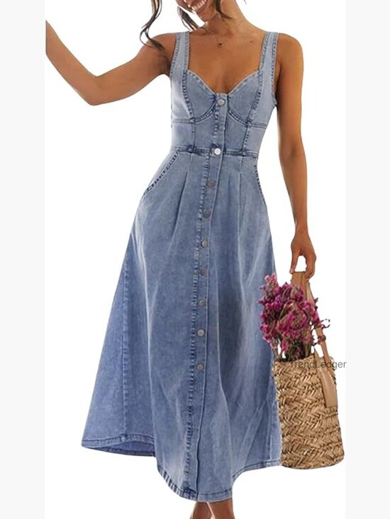Dresses & Skirts - Sleeveless Button Down Slim Fit Midi Jean Dress A-Line